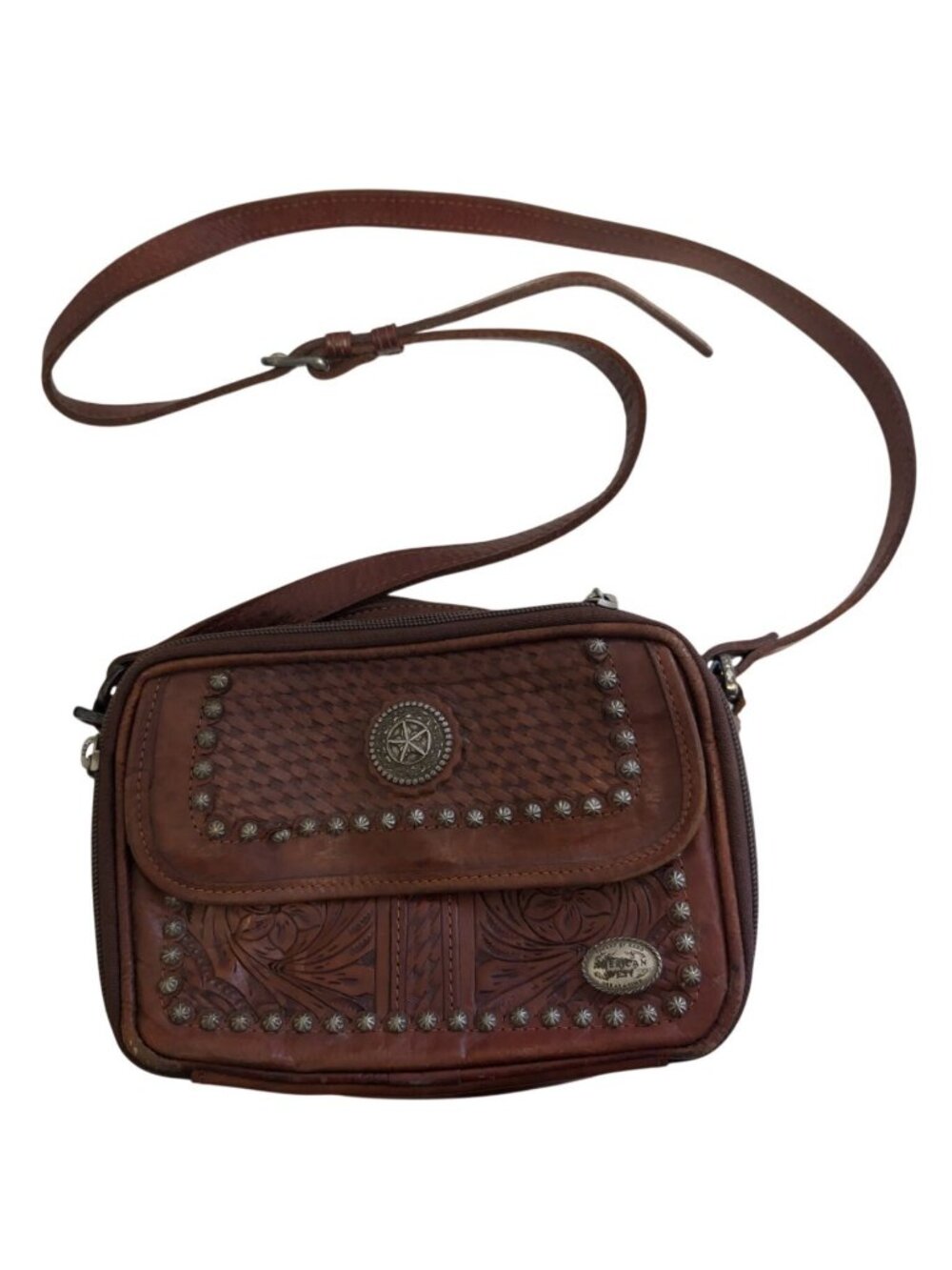 American West Tooled Brown Leather Crossbody Bag Wallet Star Concho 63562
